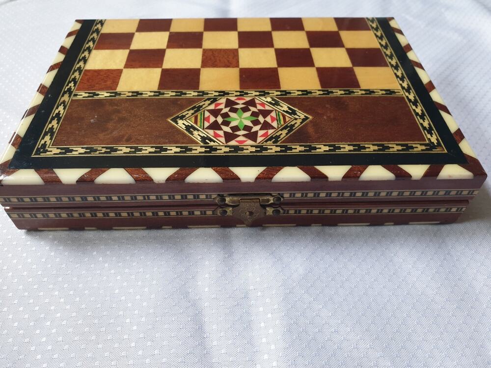 Vintage Syrian Inlaid Wood Chess Backgammon Folding Game Board Set Complete